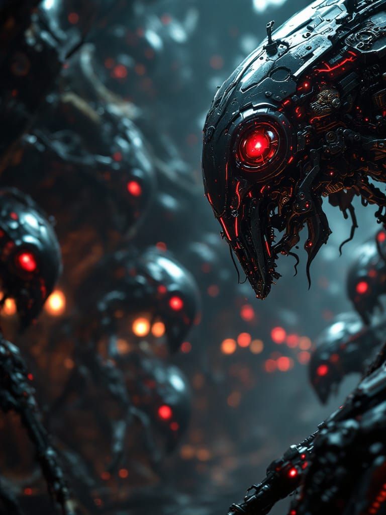 Biomechanical Hive of Metallic Insectoids with Red Veins