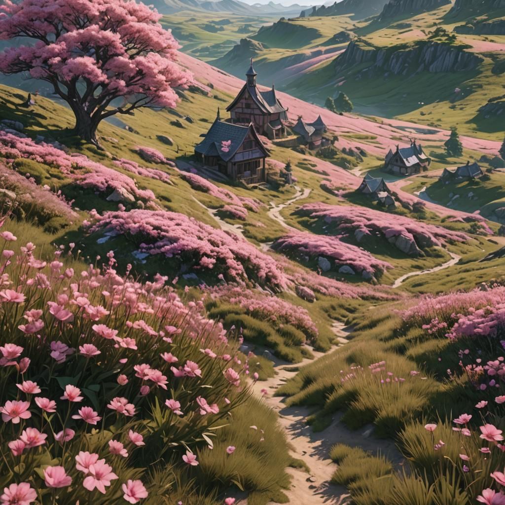 Medieval Shoujo Scene with Pink Flowers