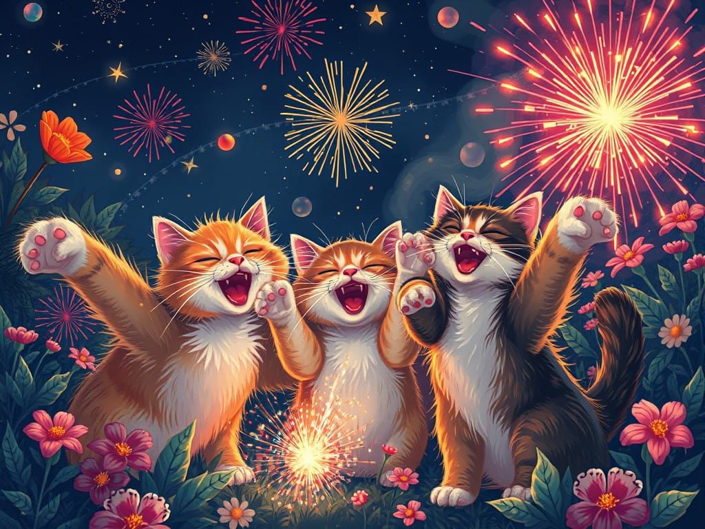 Felines in Joyous Fireworks Celebration under Starry Night