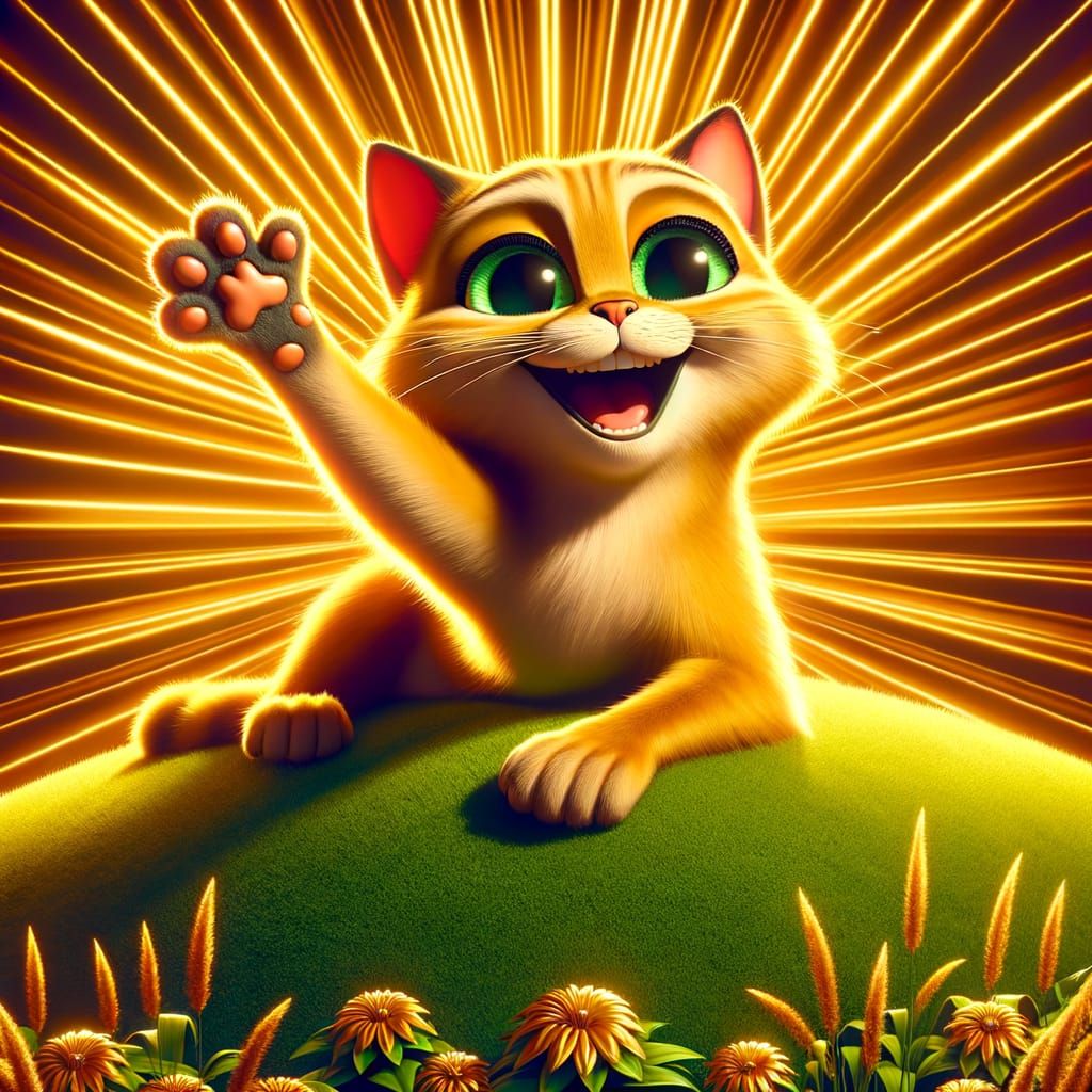 Animated Golden Cat Waving on Grassy Hill