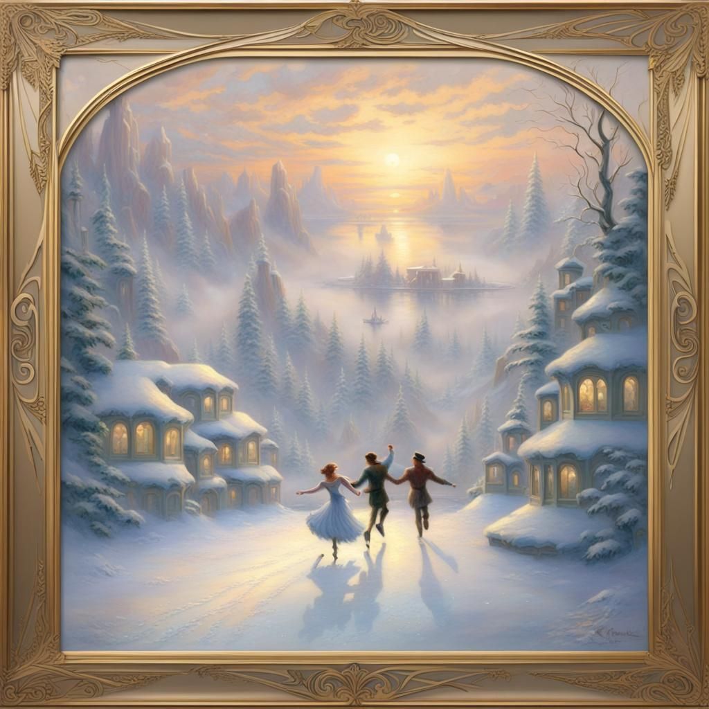 Winter Olympics Ice Skaters in Art Nouveau Frame