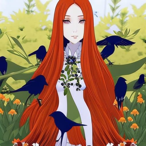 Anime Woman with Orange Hair in Flower Garden