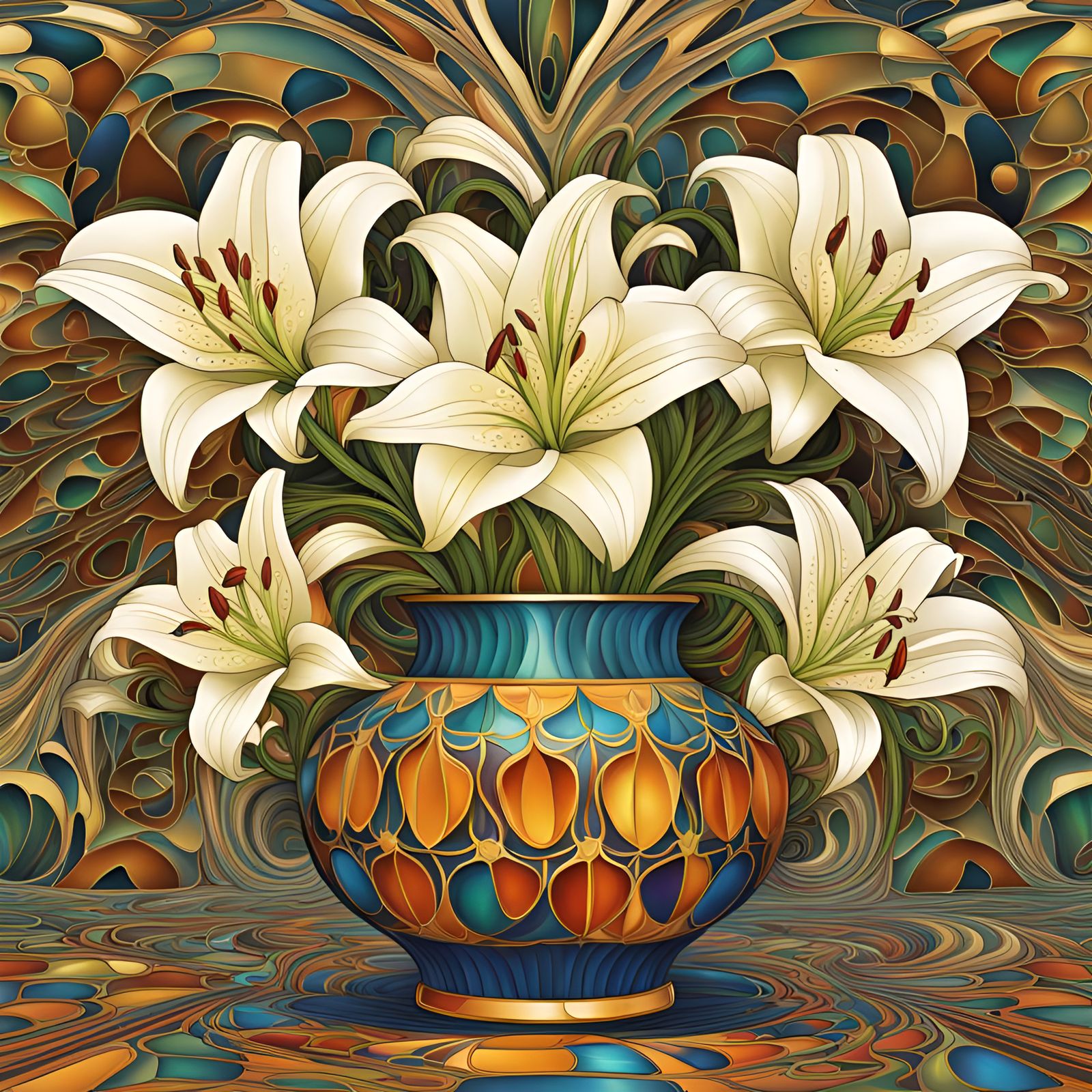 Lilies in Cloisonné Vase with Abstract Elements