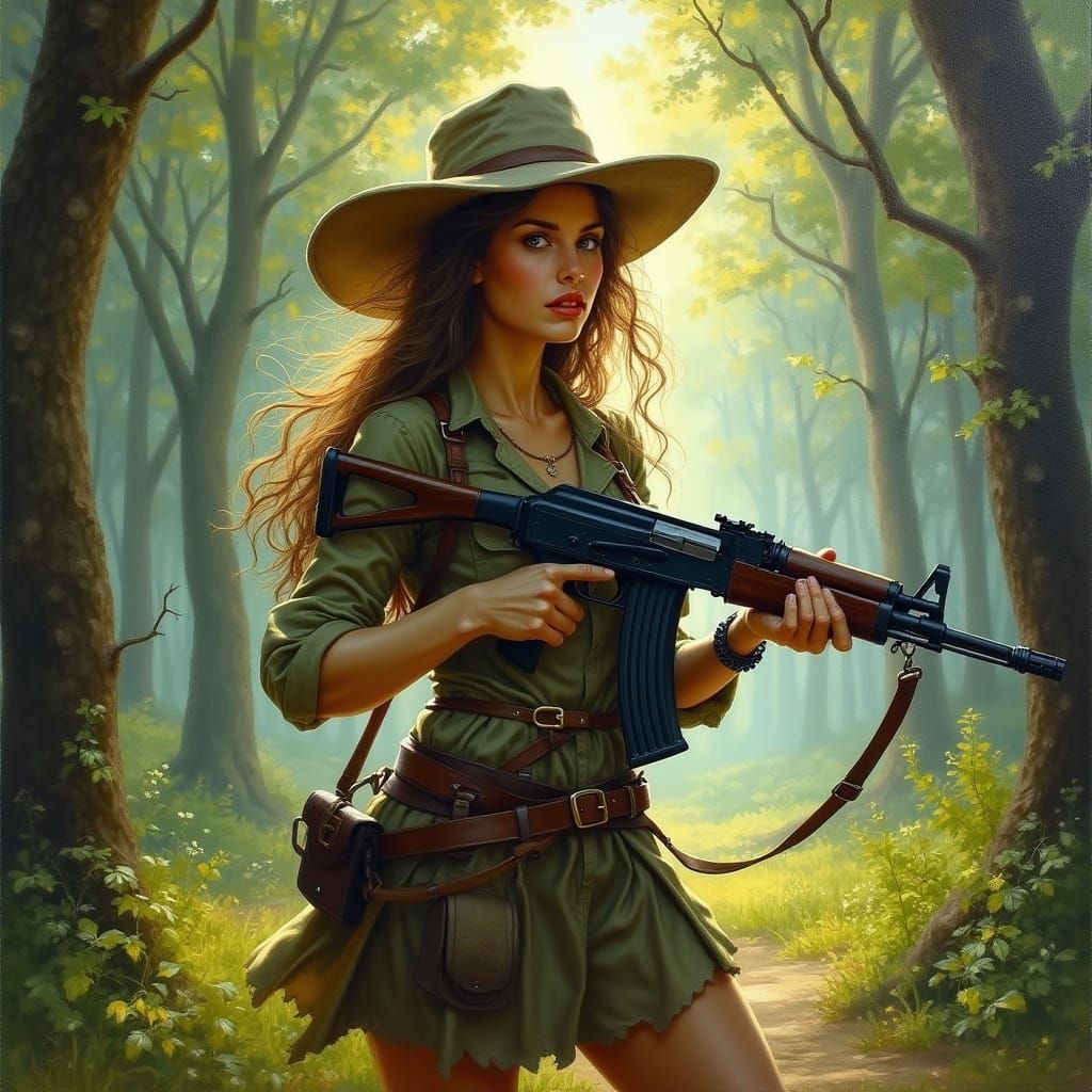 Forest Elf Warrior With AK-47 in Sunlit Grove