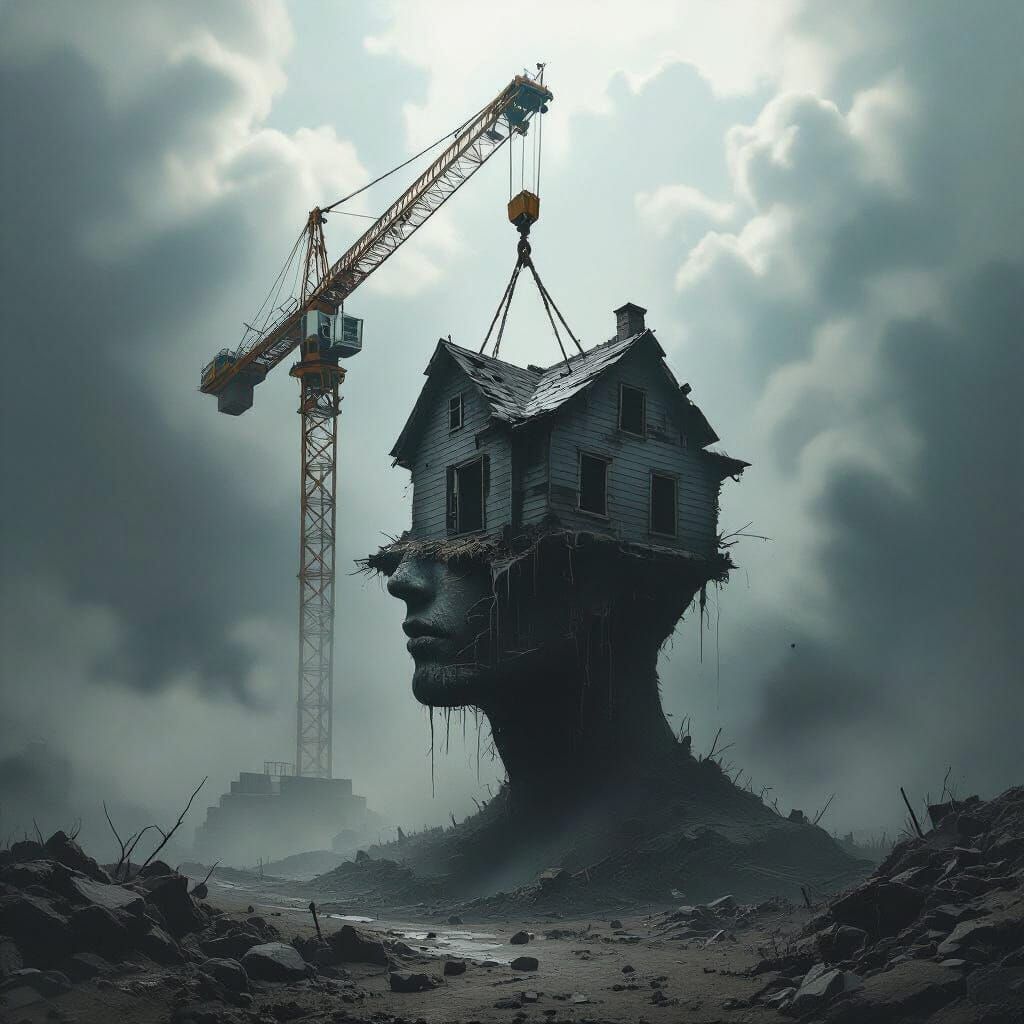 Surreal Crane Head Lifts House From Earth in Dark Digital Ar...