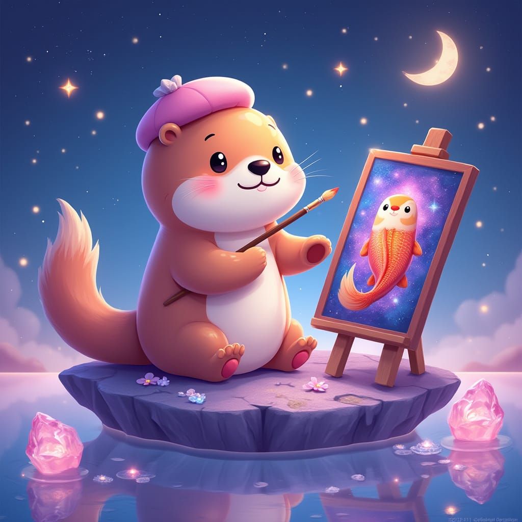 Celestial Otter Painting Koi Fish in Kawaii Style