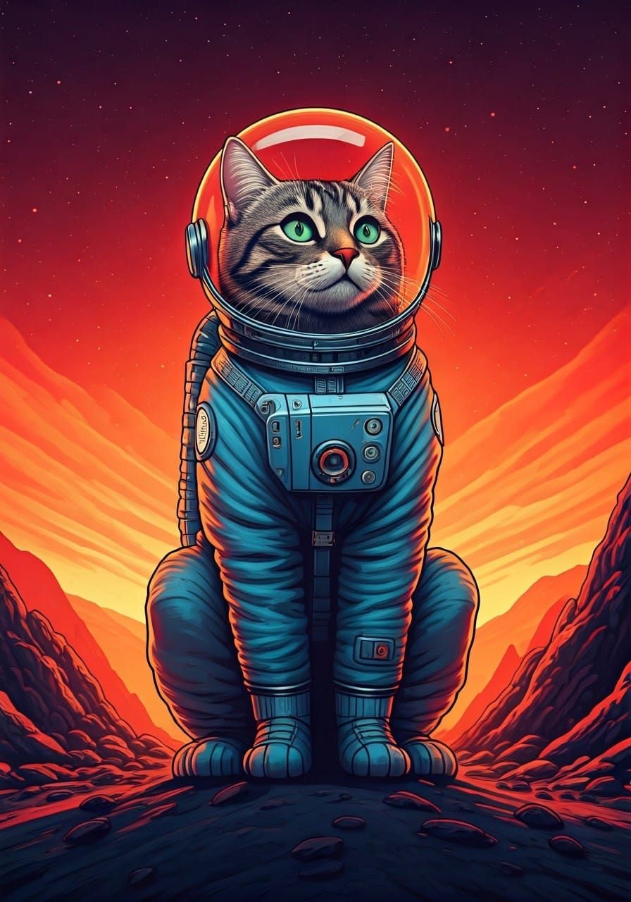 Astronaut Cat on Mars in Hyperdetailed Comic Style