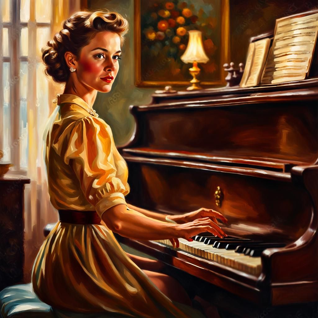 1950s Woman at Piano in Norman Rockwell Style