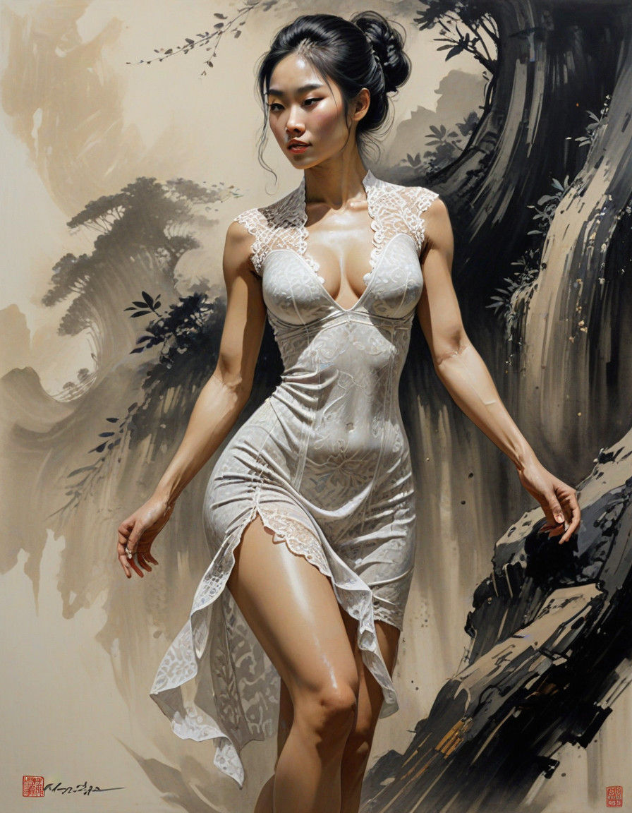 Ethereal Vietnamese Beauty in Intricate Chinese Ink Style