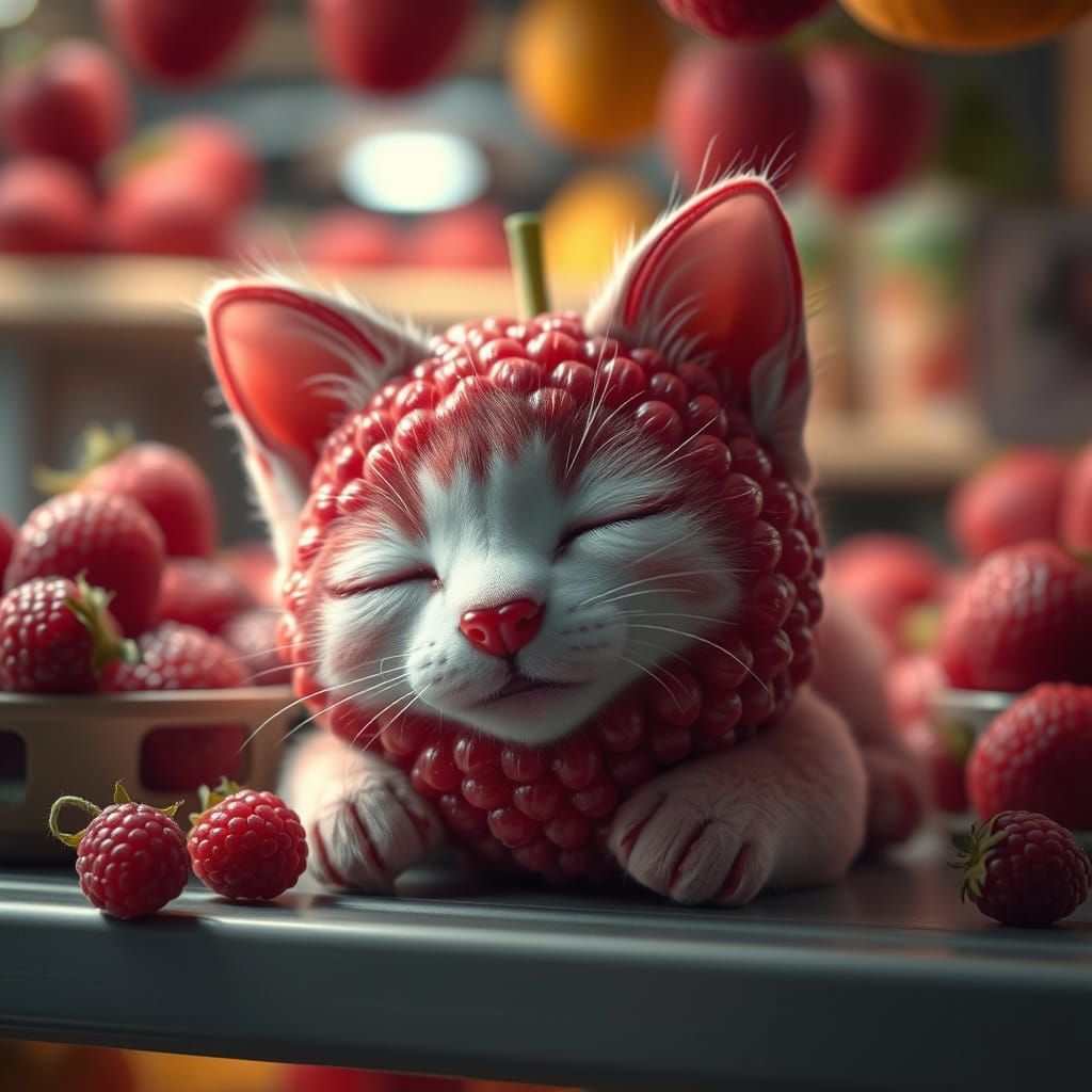 Whimsical Raspberry Kitten in Fruit Shop