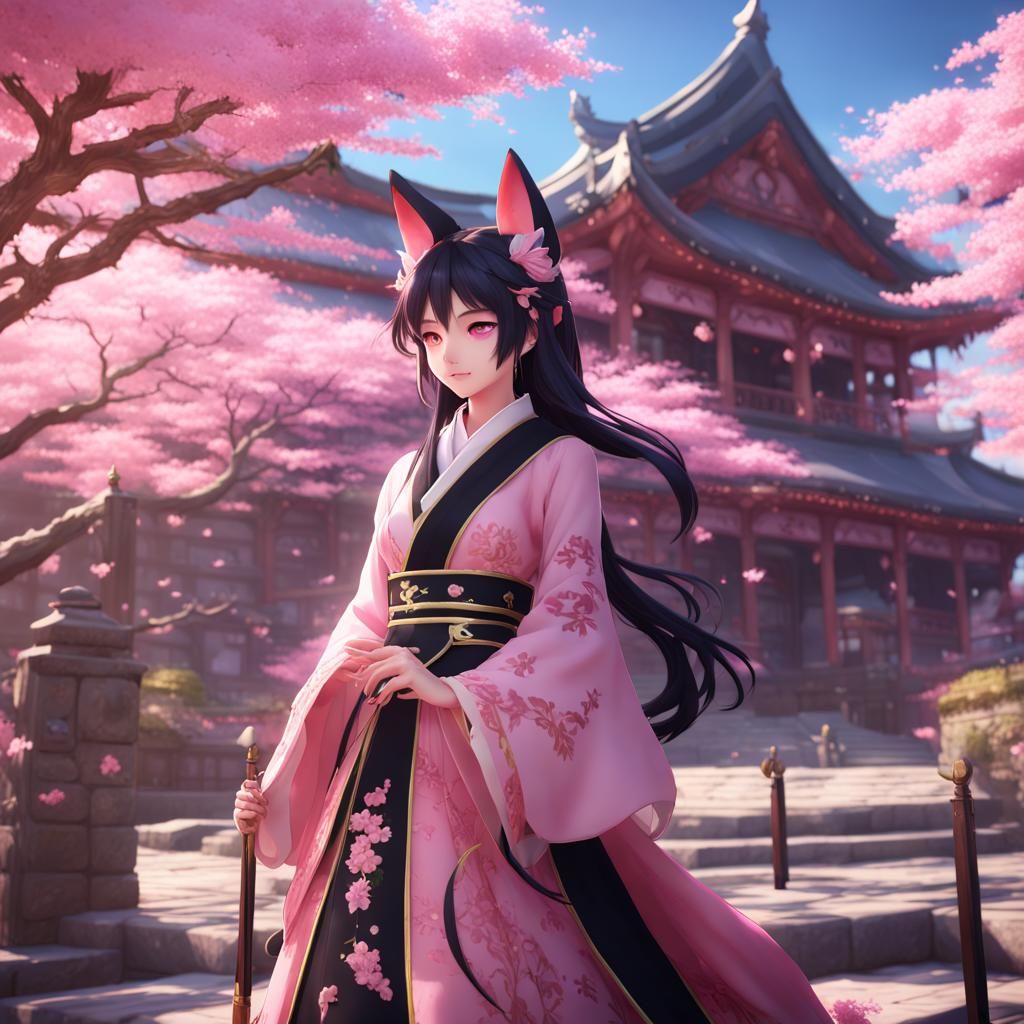 Anime Kitsune in Pink Dress: Fantasy Art