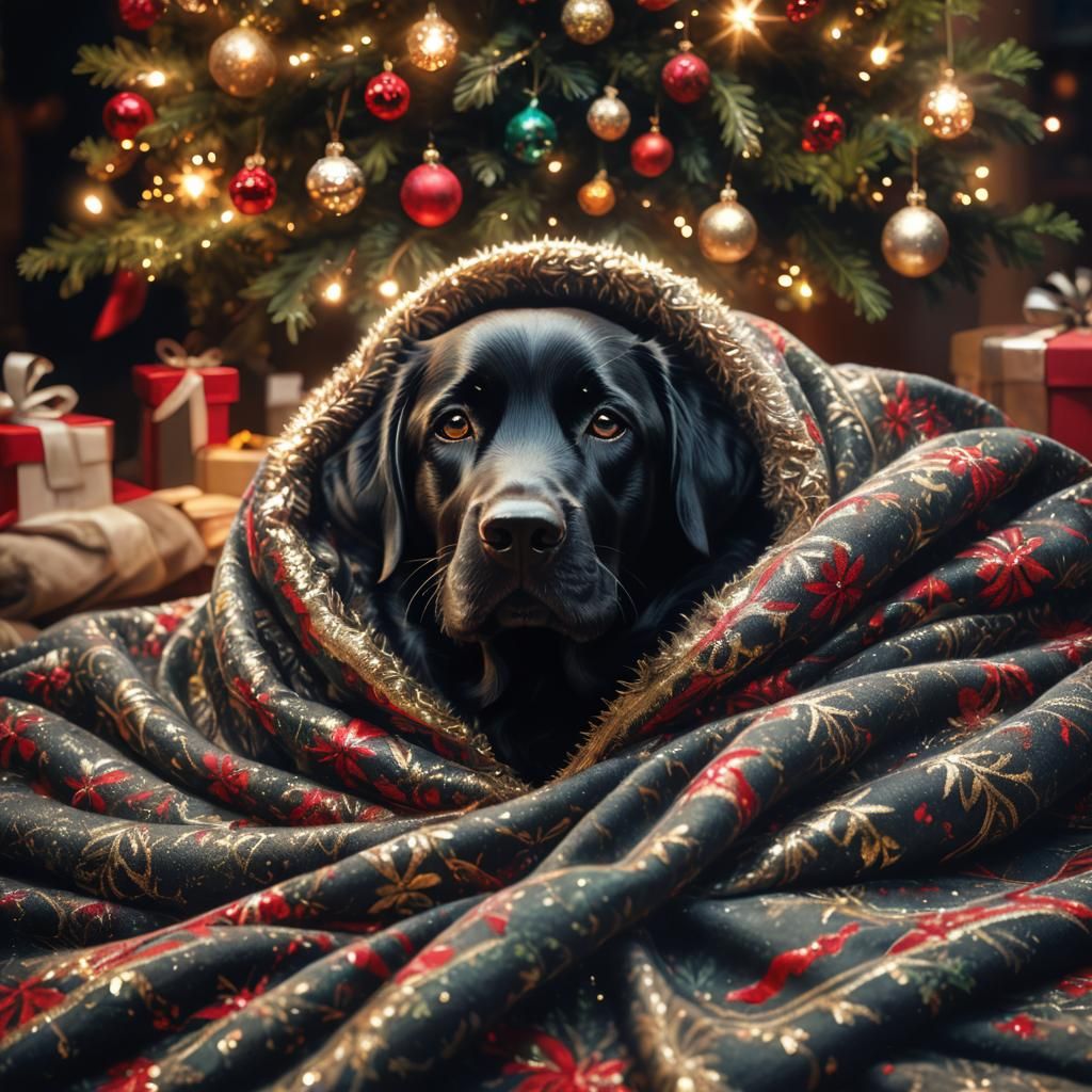 Black Lab Snuggled Under Christmas Blanket
