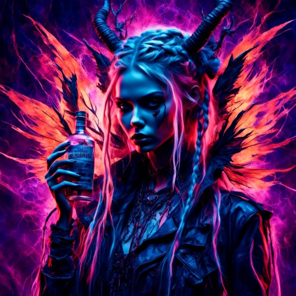 Punk Demon with Vodka in Gritty Urban Oil Painting