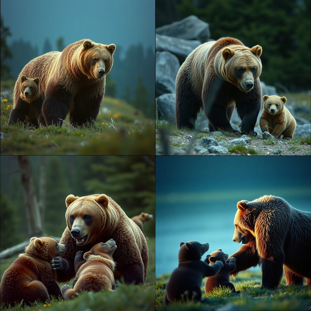 Grizzly Bears Protecting Cubs: Cinematic Film Still