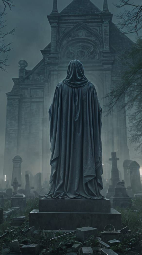 Ethereal Spectre Haunts Cemetery in Hyperrealistic Style