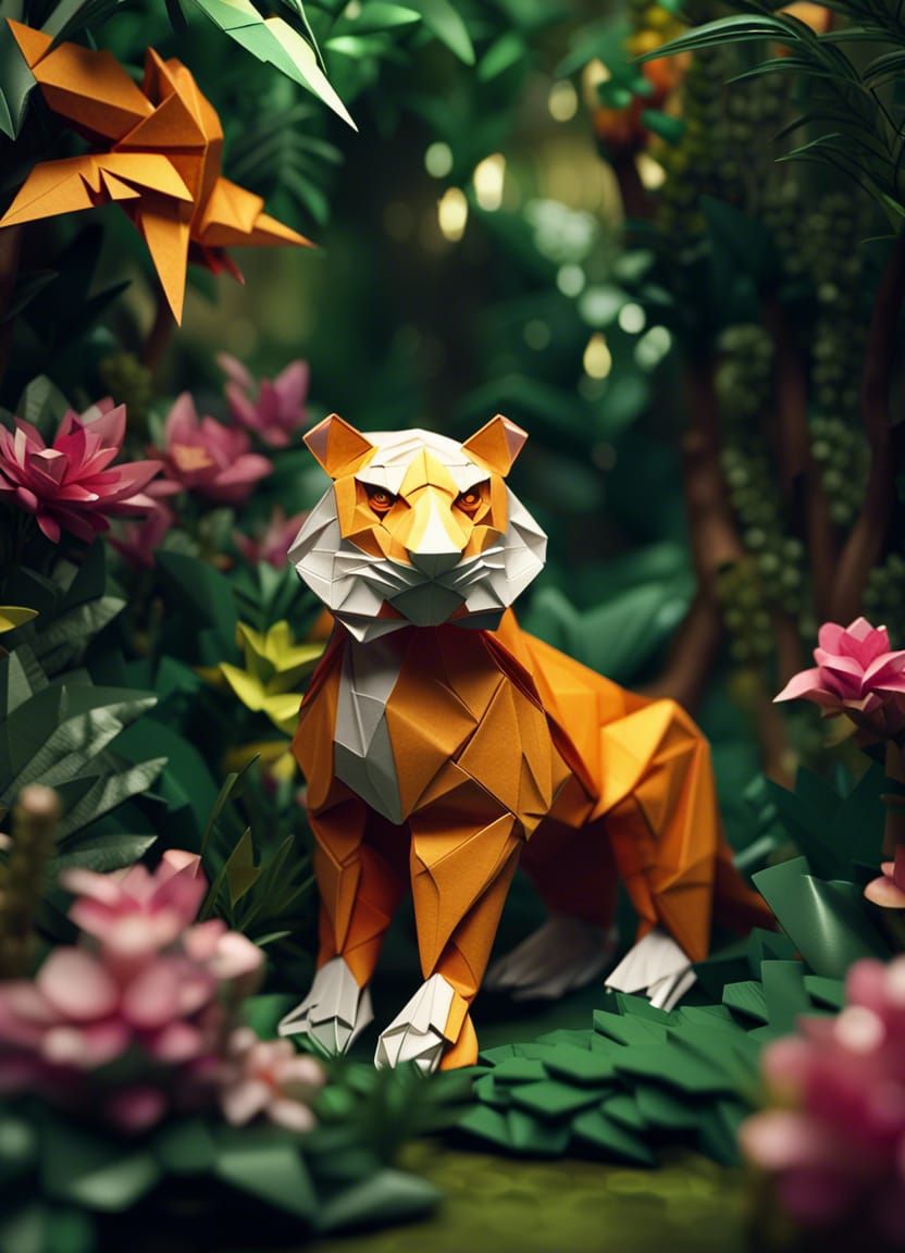 Origami Tiger in a Detailed Origami Jungle