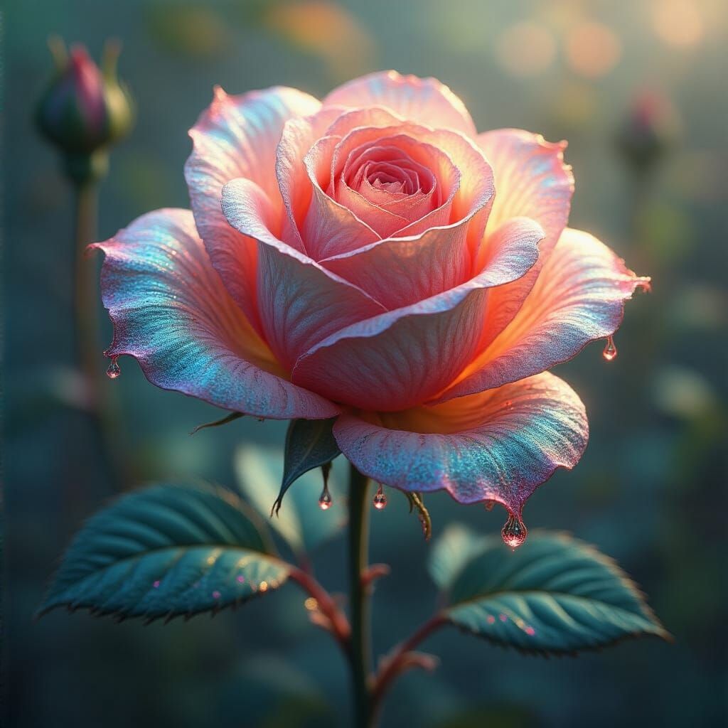 Fractal Rosebud in Rainbow Ink, Botanical Dreamscape