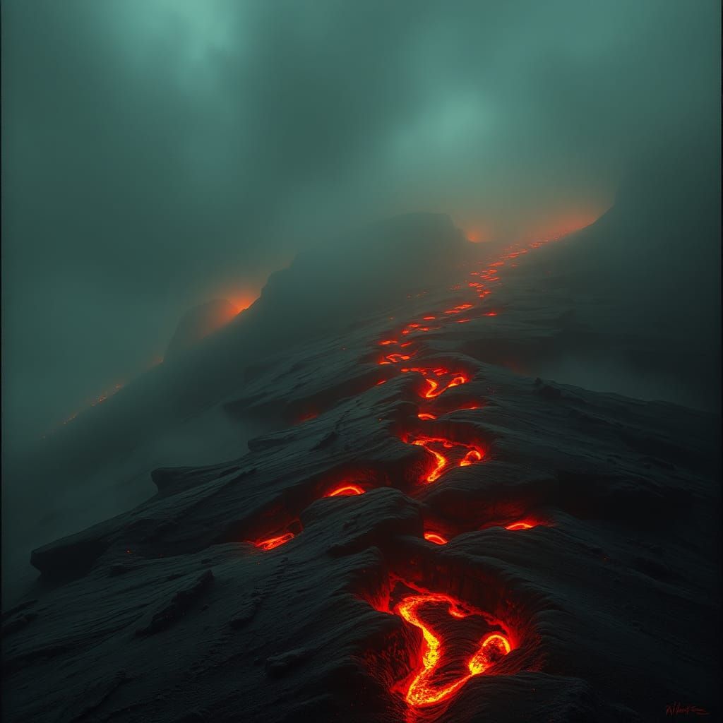 Ominous Landscape with Eerie Footprints in Dark Surrealism