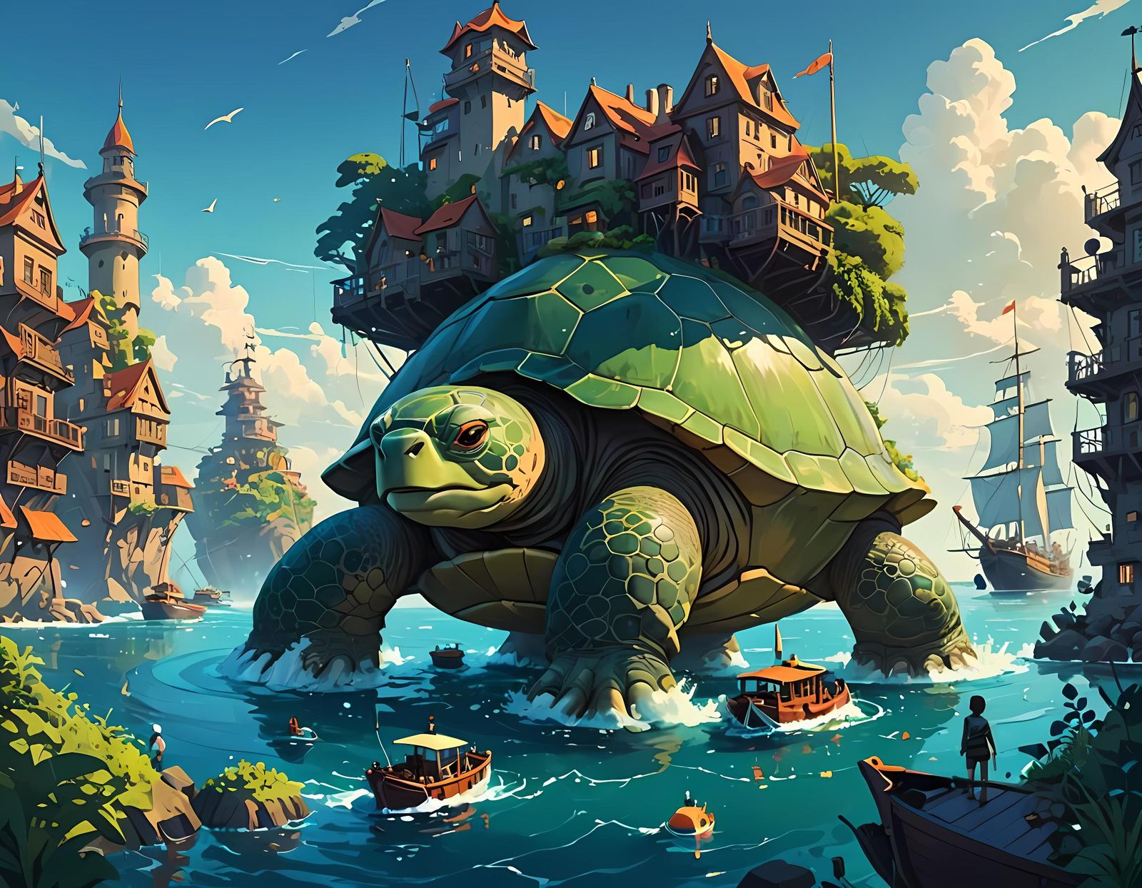 Giant Turtle City Inspired by Ghibli Concept Art