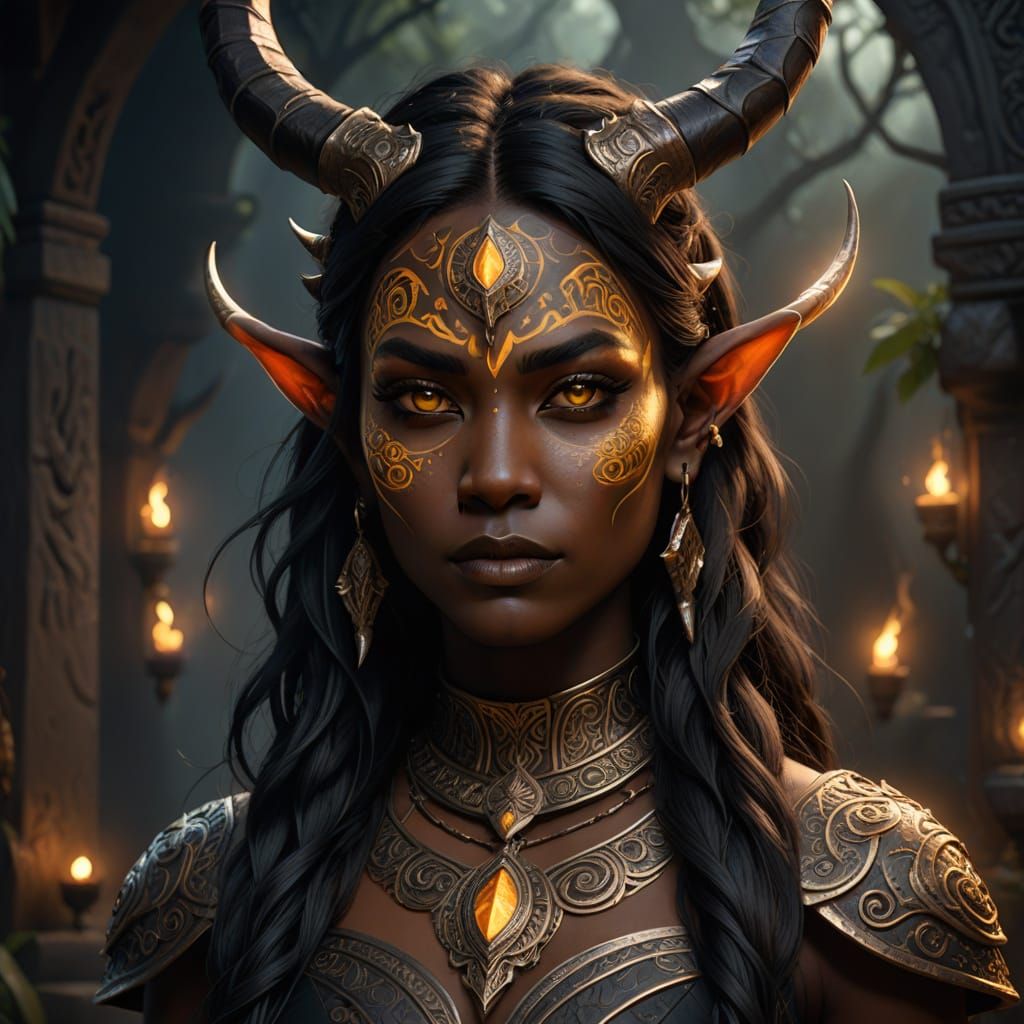 Ethereal Fantasy Maiden with Horns and Tribal Tattoos