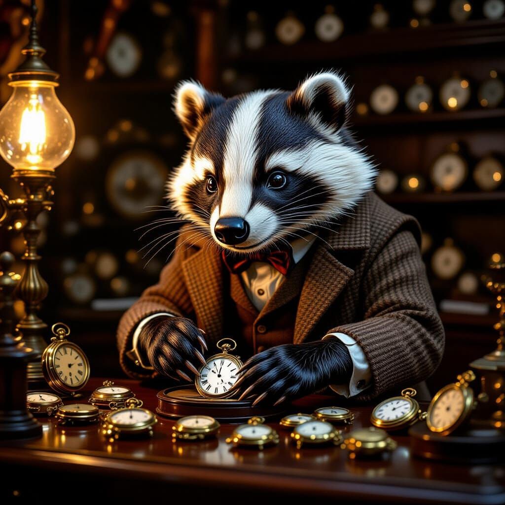 Whimsical Badger Arranges Pocket Watches in Victorian Shop
