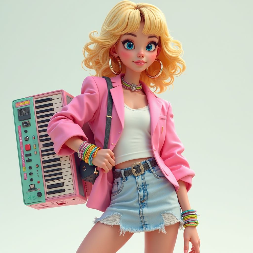 Glamorous 80s Teenage Girl in Pastel Pink Blazer and Sneaker...