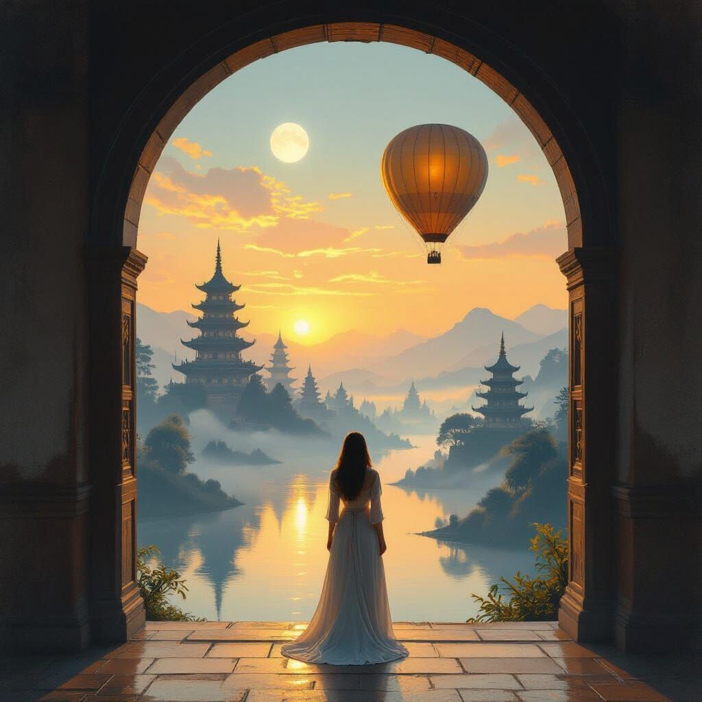 Arched Doorway View of Pagodas in Romantic Style