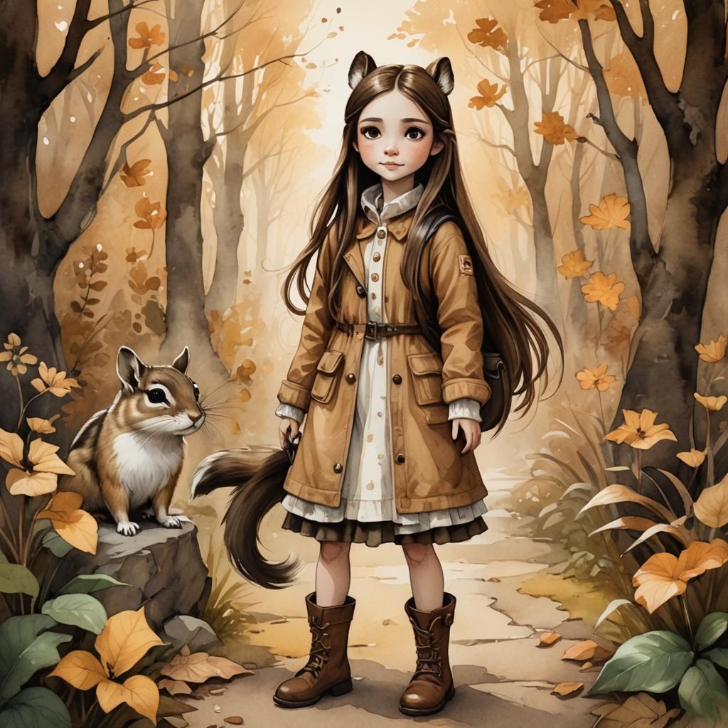 Whimsical Girl with Chipmunk Features in Watercolor Style