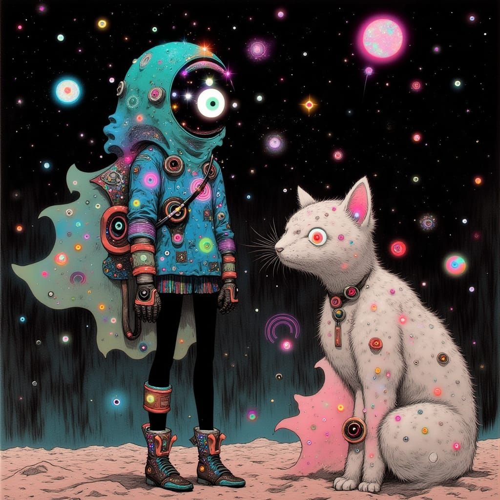 Retro-Futuristic Space Heroine in Neon Space Suit Against Sw...