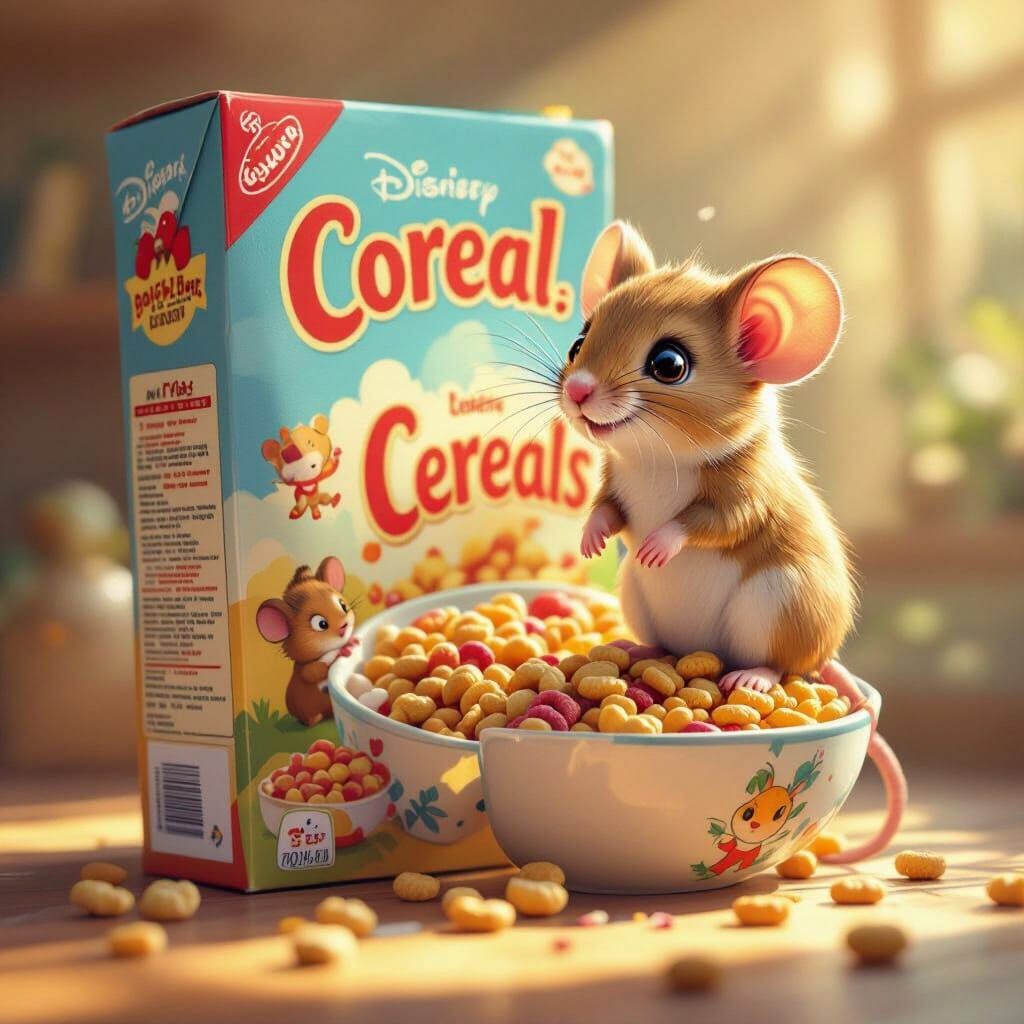 Adorable Mouse on Giant Cereal Box in Storybook Style