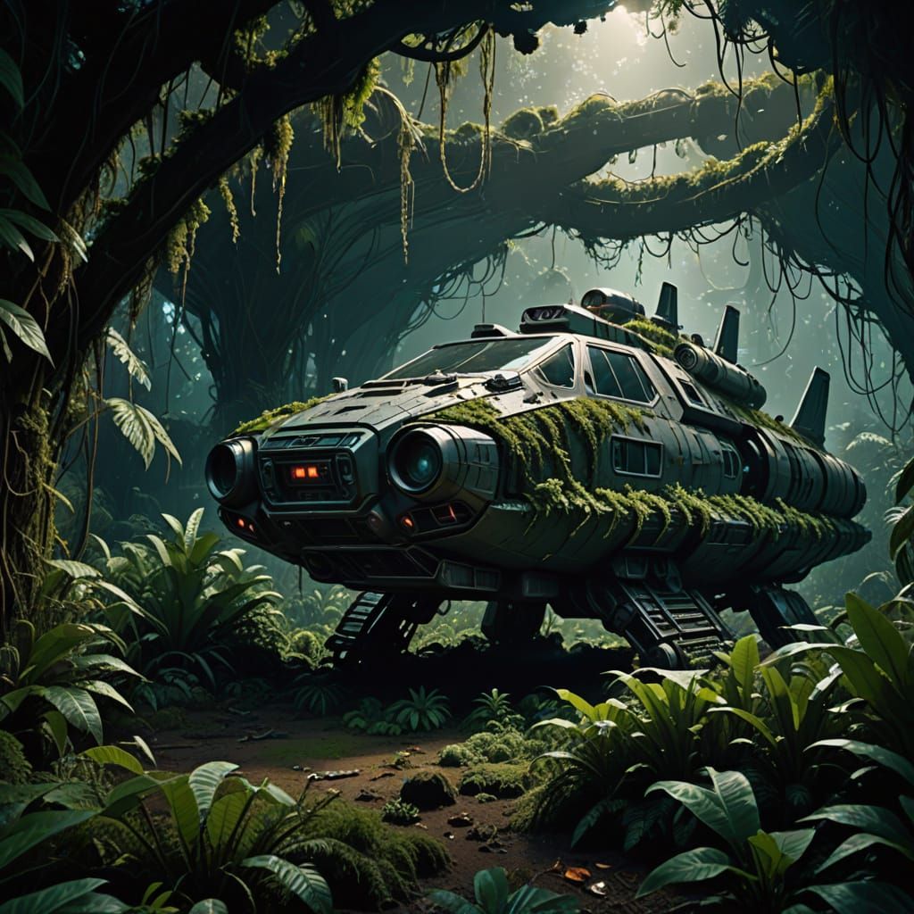 Explorer Finds Crashed Spaceship in Alien Jungle