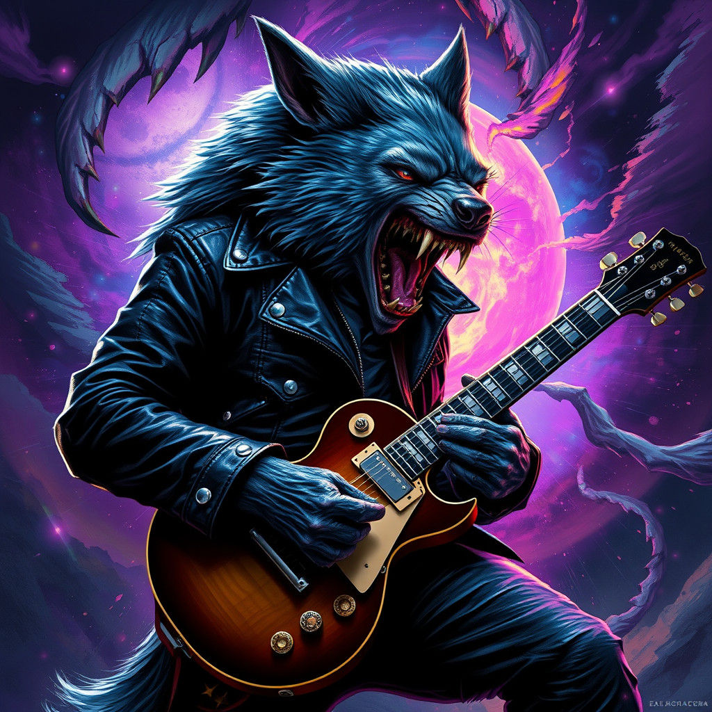 Rock Werewolf Guitarist in Dark Fantasy Style