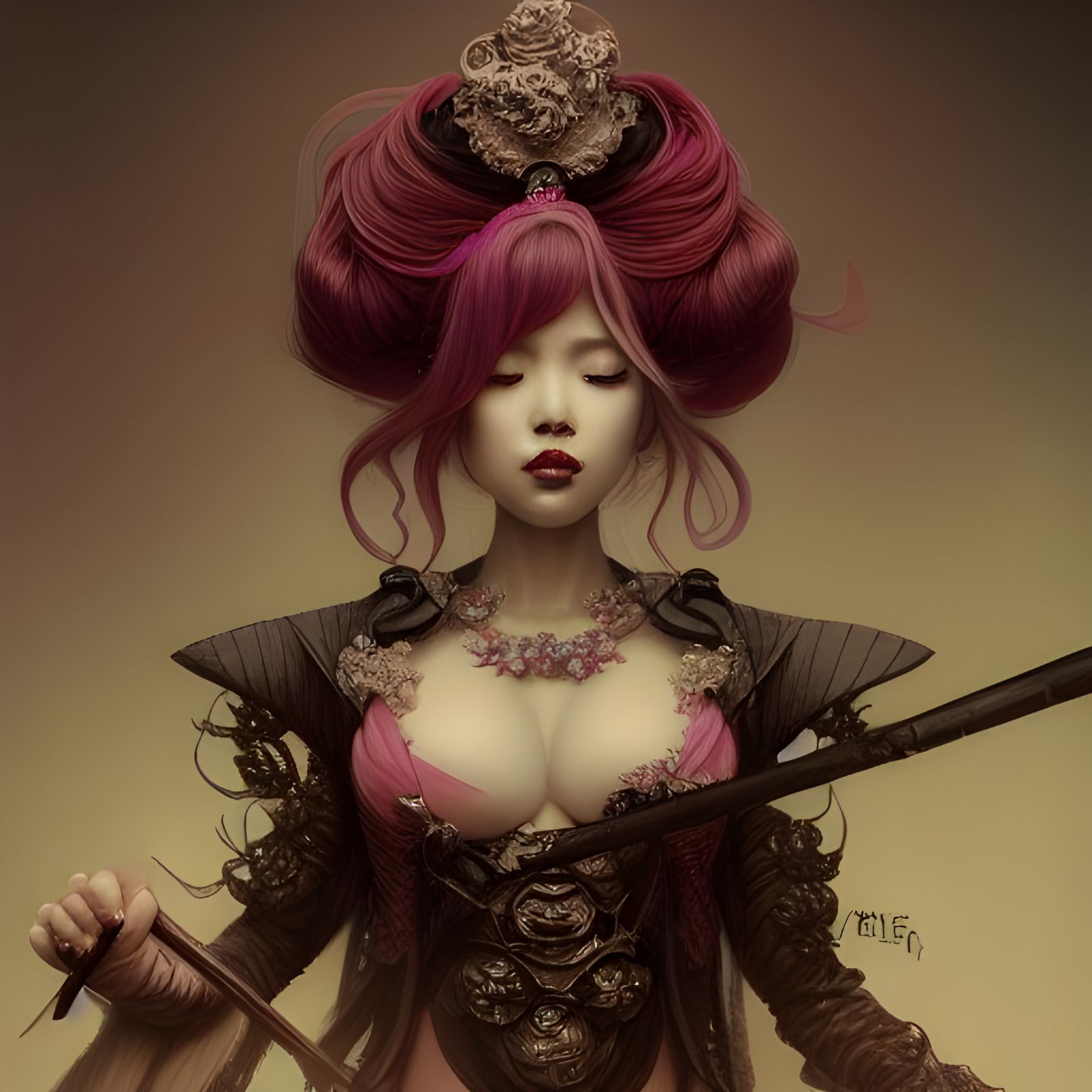 Geisha Girl in Intricate Armor, Digital Illustration