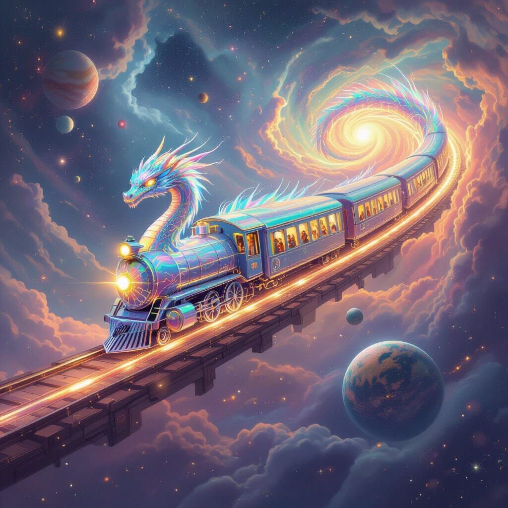 Iridescent Dragon-Train Soars Through Cosmic Galaxy