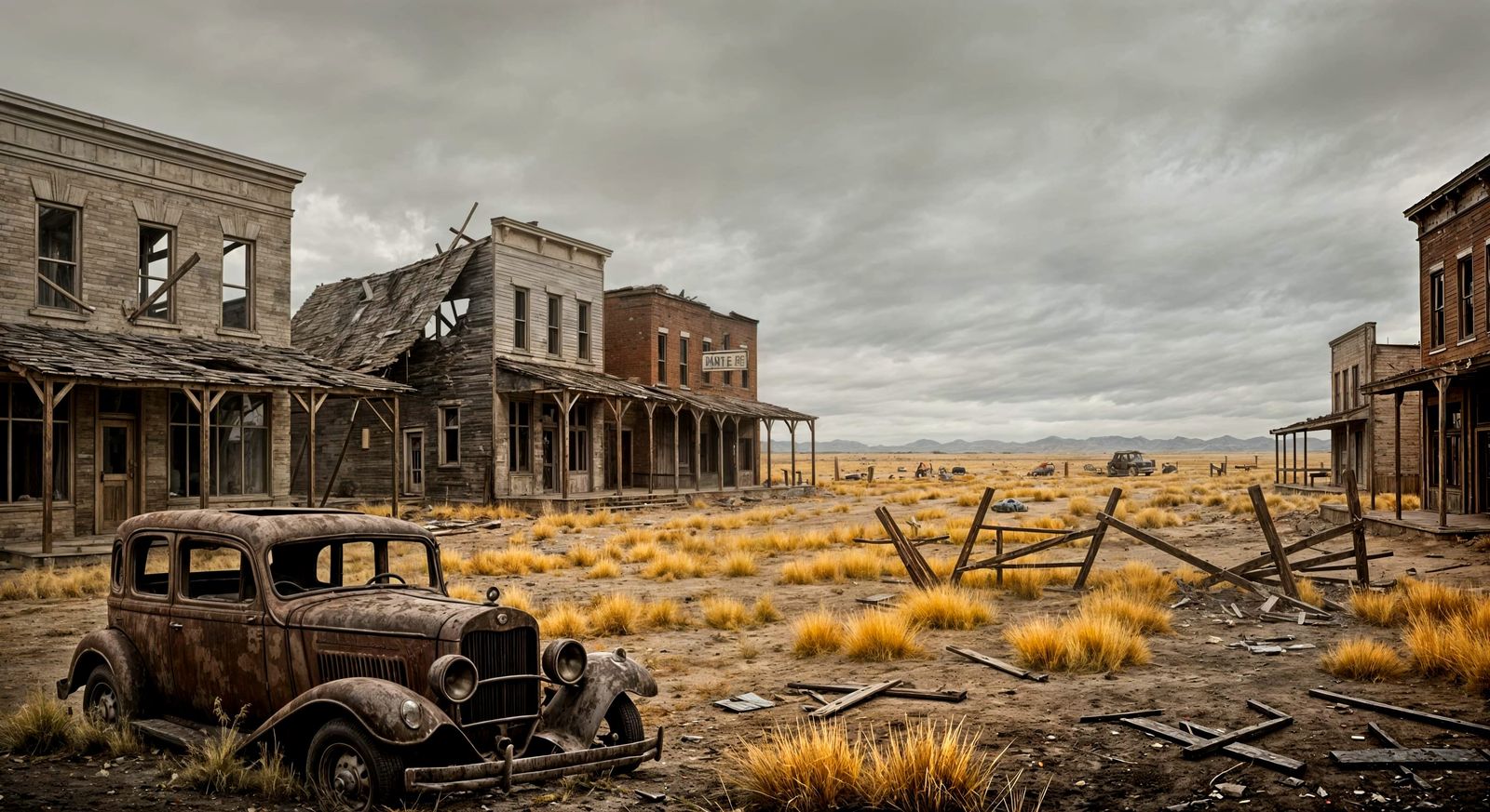 Ghost Town with Rusted Car in Cinematic Style