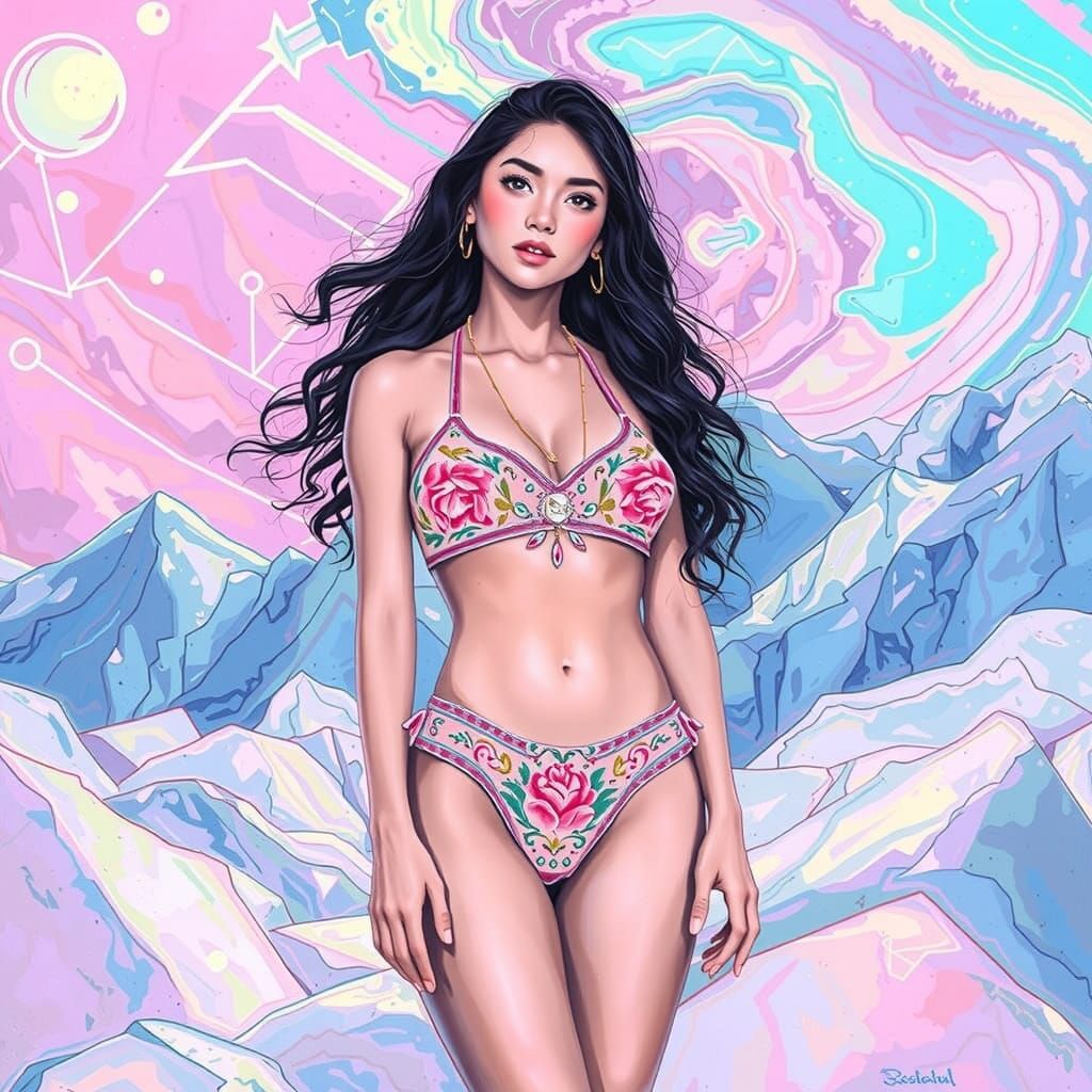 Woman on Glacier: Neo-Impressionist Acrylic Painting