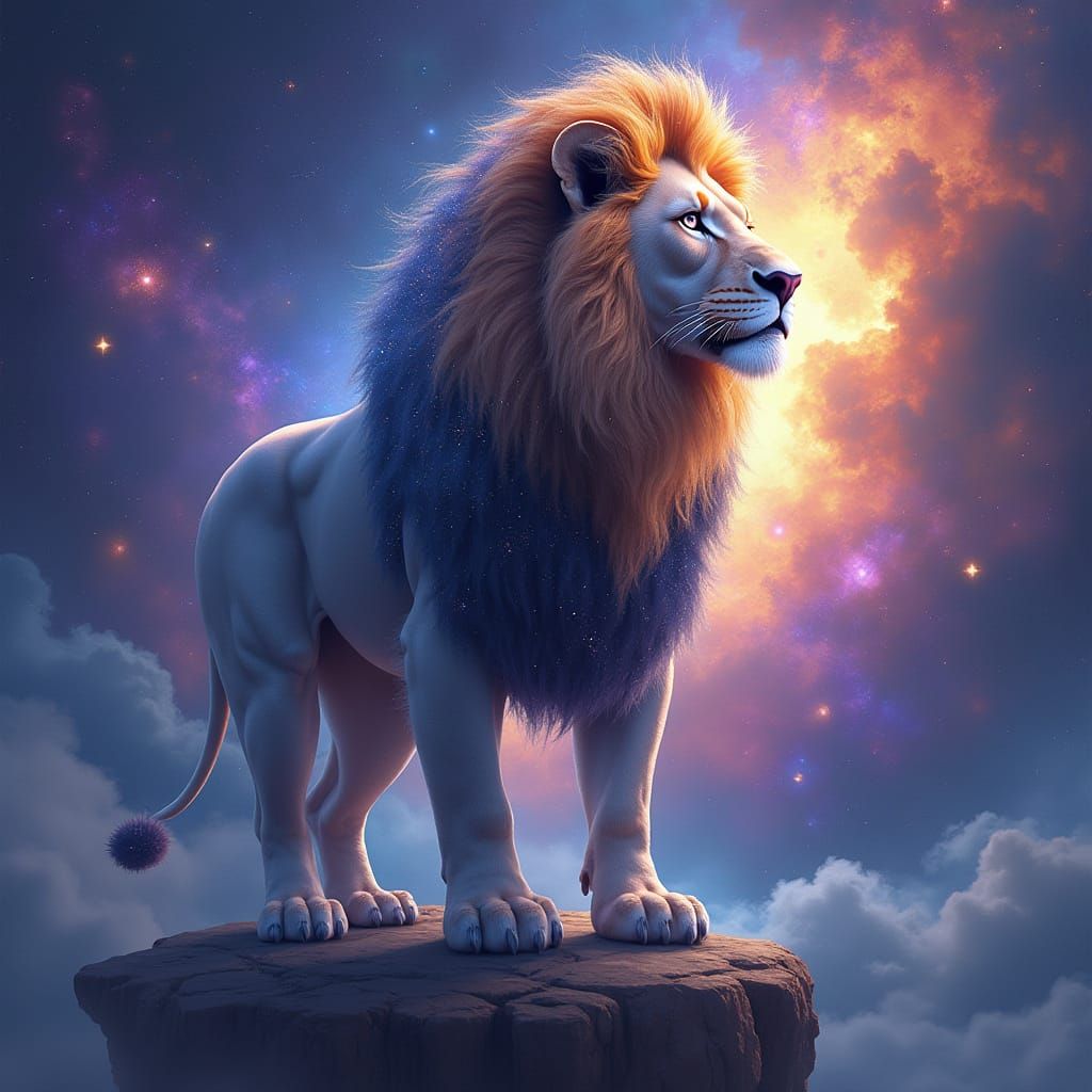 Regal Lion Amidst Celestial Nebula in Vibrant Digital Painti...
