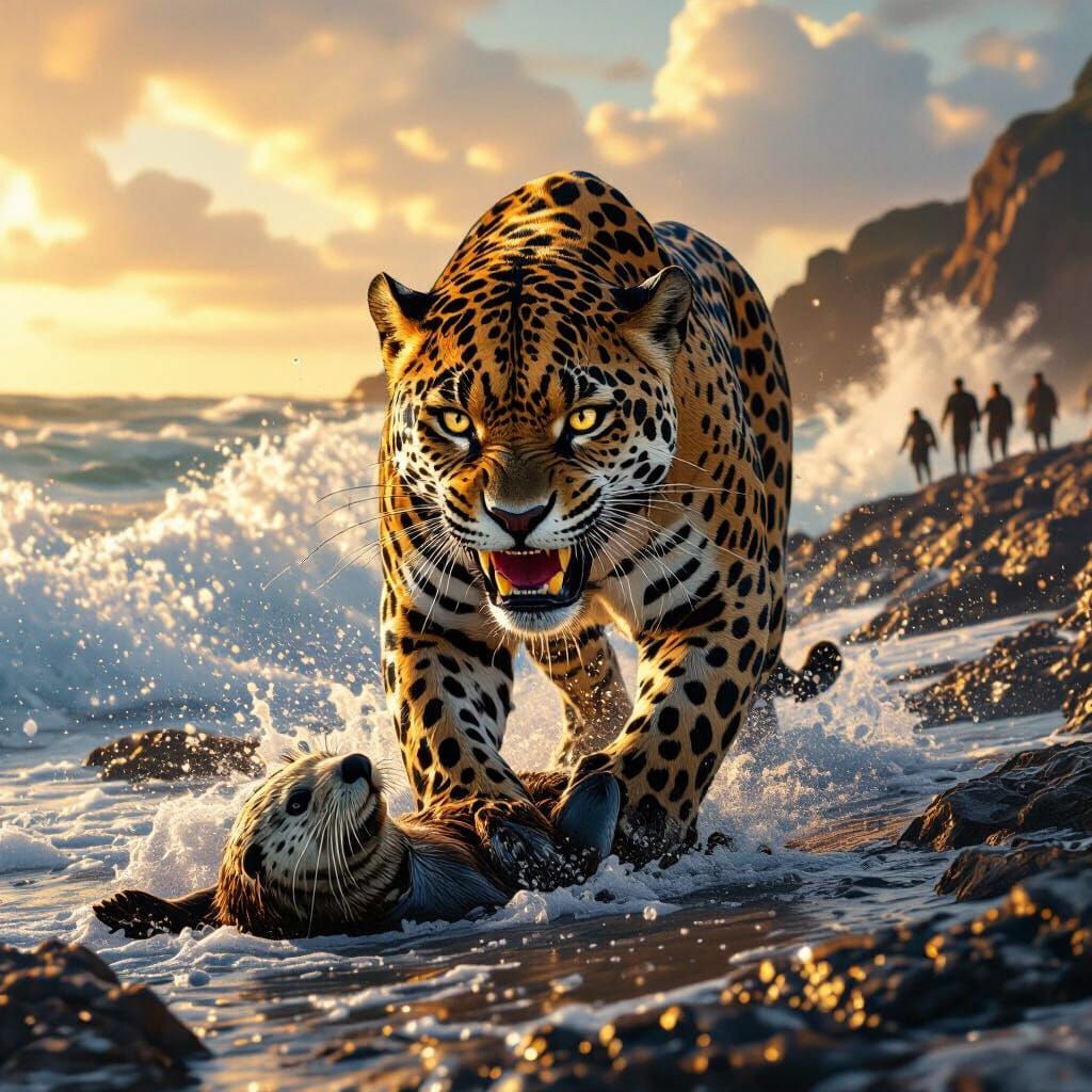Jaguar's Golden Hour: Hyperrealistic Seascape Capture