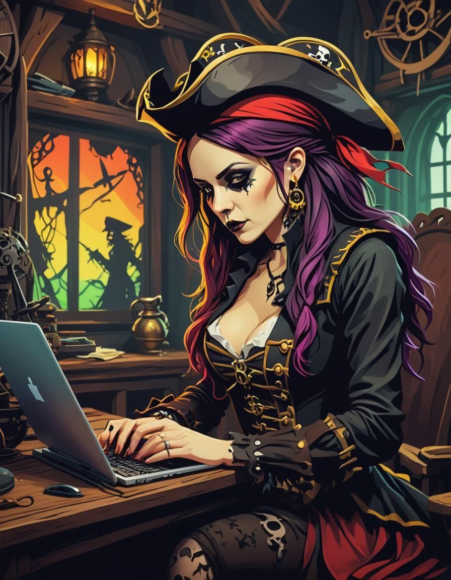 Most beautiful attractive Gothic pirate working on her compu...