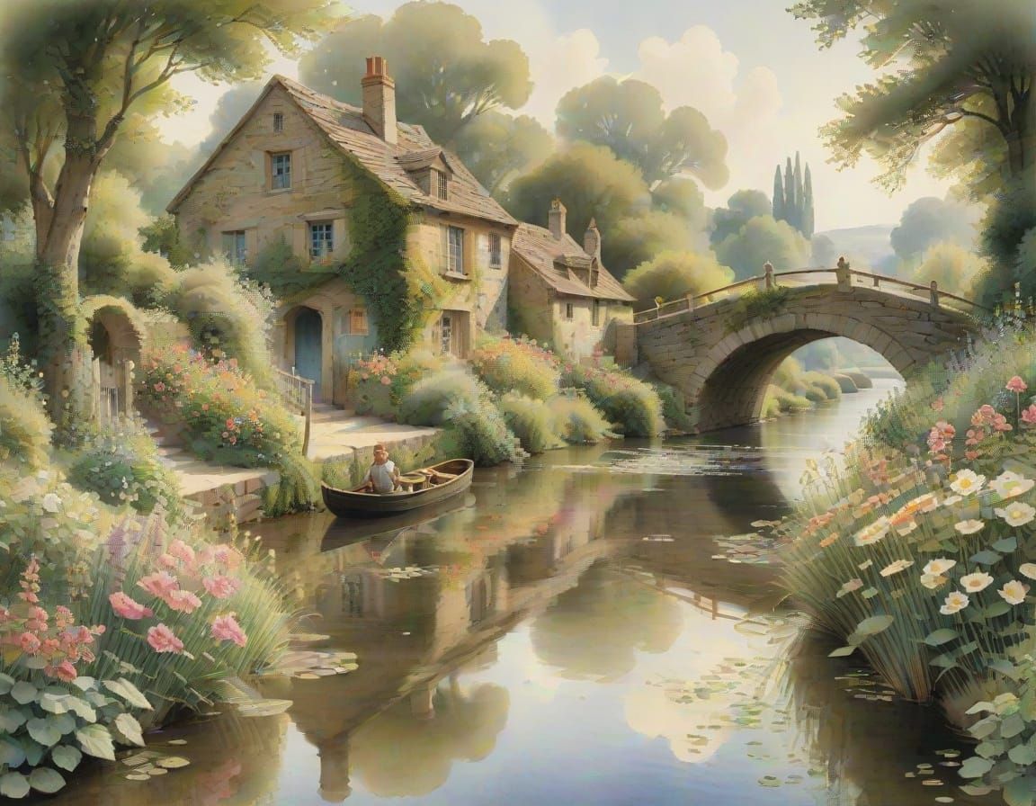 Serene Canal Barge in Whimsical Monet-Inspired Landscape