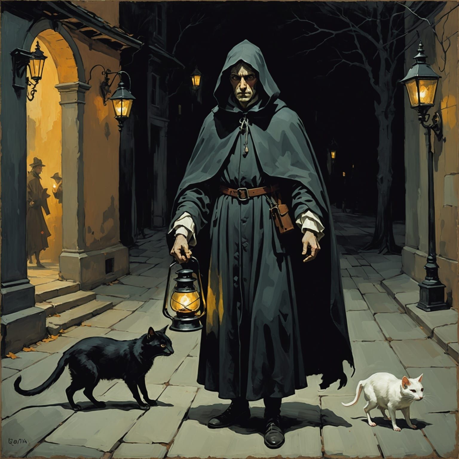Cloaked Figure with Rat and Cat Tail Holds Lantern in Dark, ...