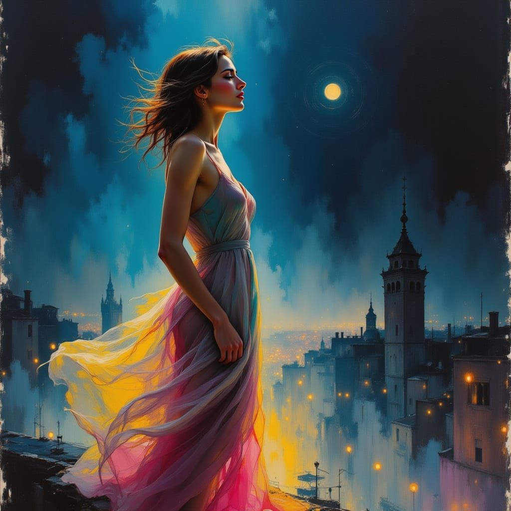 Woman on Roman Rooftop in Flowing Dress