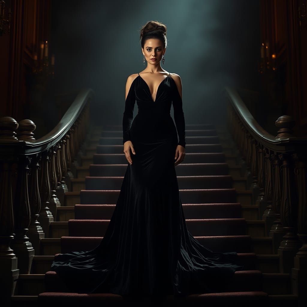 Elegant Woman in Black Gown on Grand Staircase