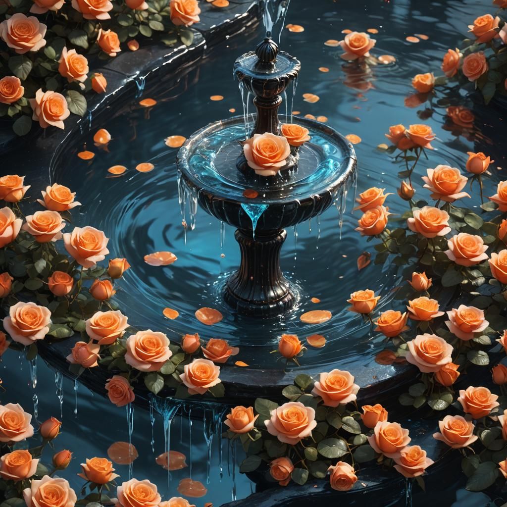 Majestic Glass Fountain with Roses in Fantasy Art