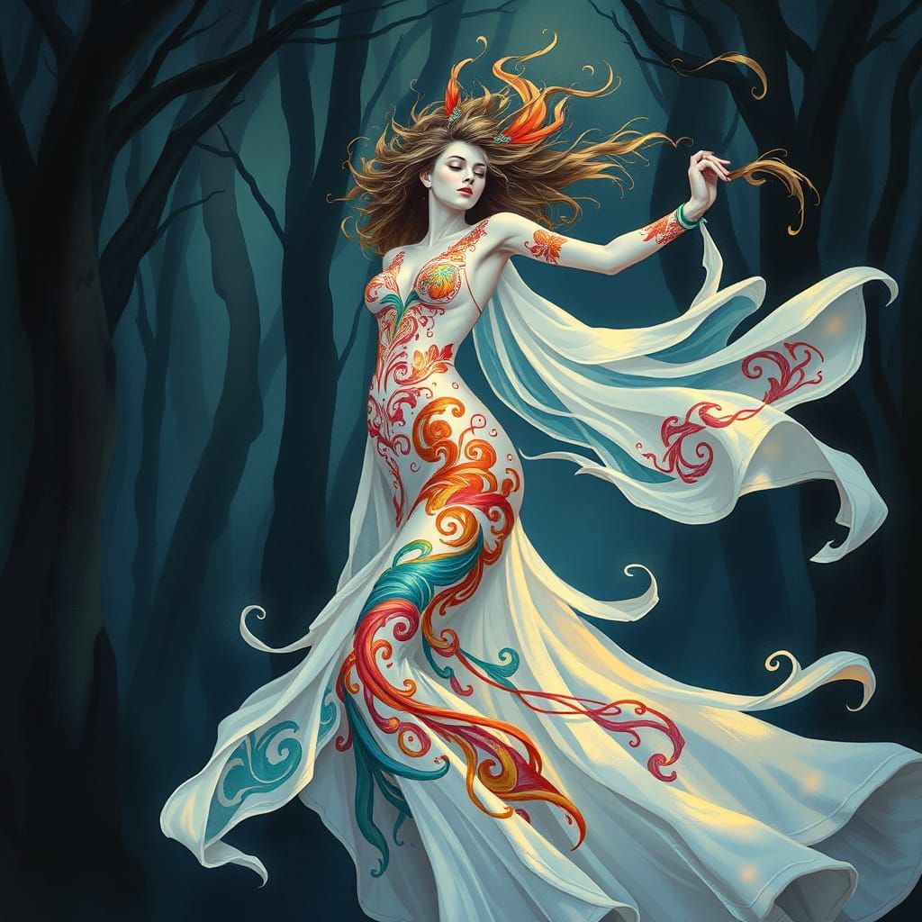 Goddess Dancing in Mystical Forest, Art Nouveau Style