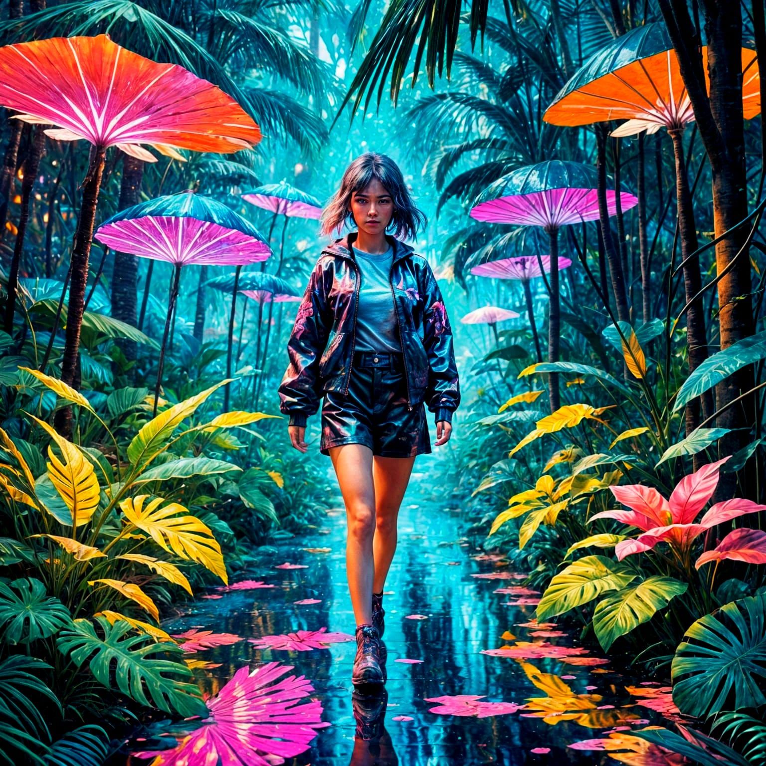 Dreamlike Cyberpunk Goddess Amidst Vibrant Neon Landscapes