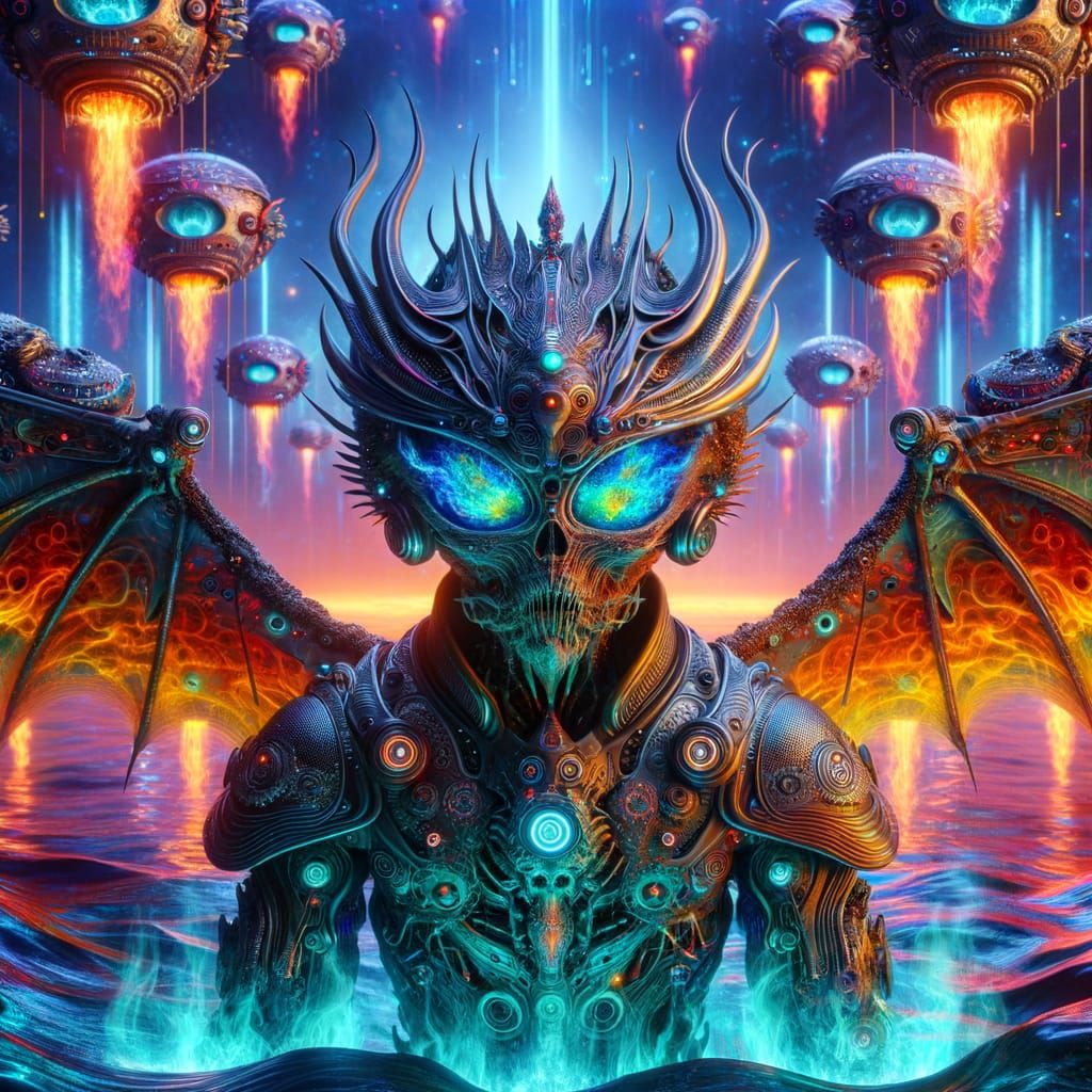 Futuristic Alien Samurai in a Lively Sci-Fi Scene