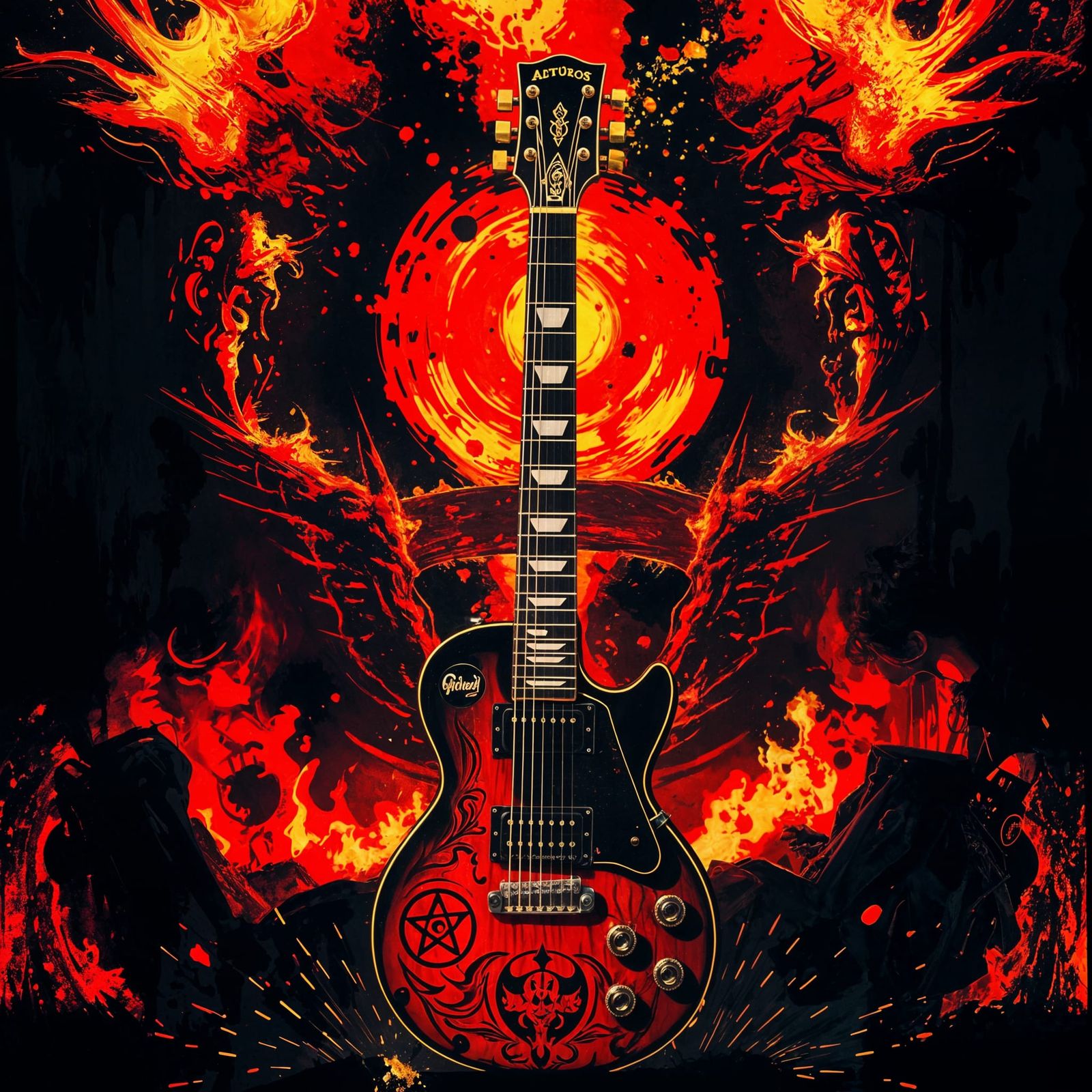 Electric Guitar Silhouetted Against Hellish Inferno in Vibra...
