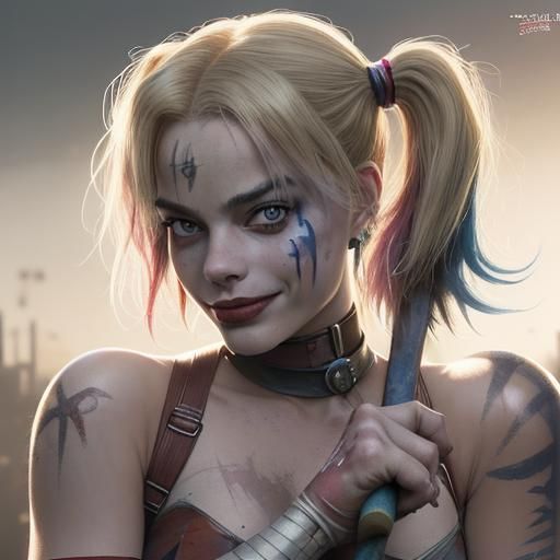 Harley Quinn with Baseball Bat in Watercolor Style