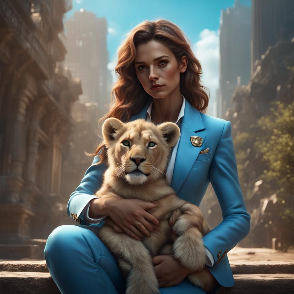 Superhero Girl with Lion Cub: Fantasy Concept Art